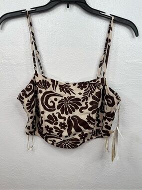 Midnight Sky Corset Crop Cami Top Womens M Brown Cream Floral Smocked